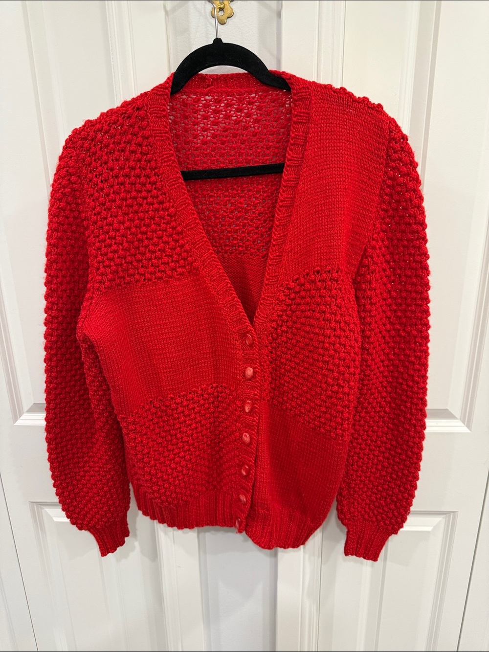 Bold Red Hand Knitted V-Neck Button Cardigan Sweater